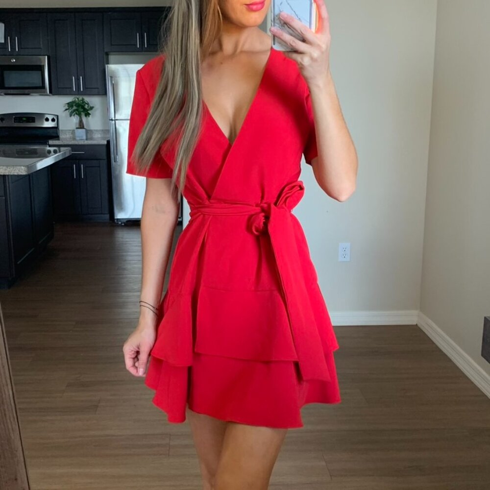 Charles Henry Red Ruffle Tiered Wrap Dress Small